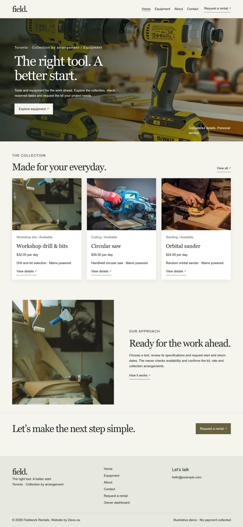 Equipment rental homepage preview